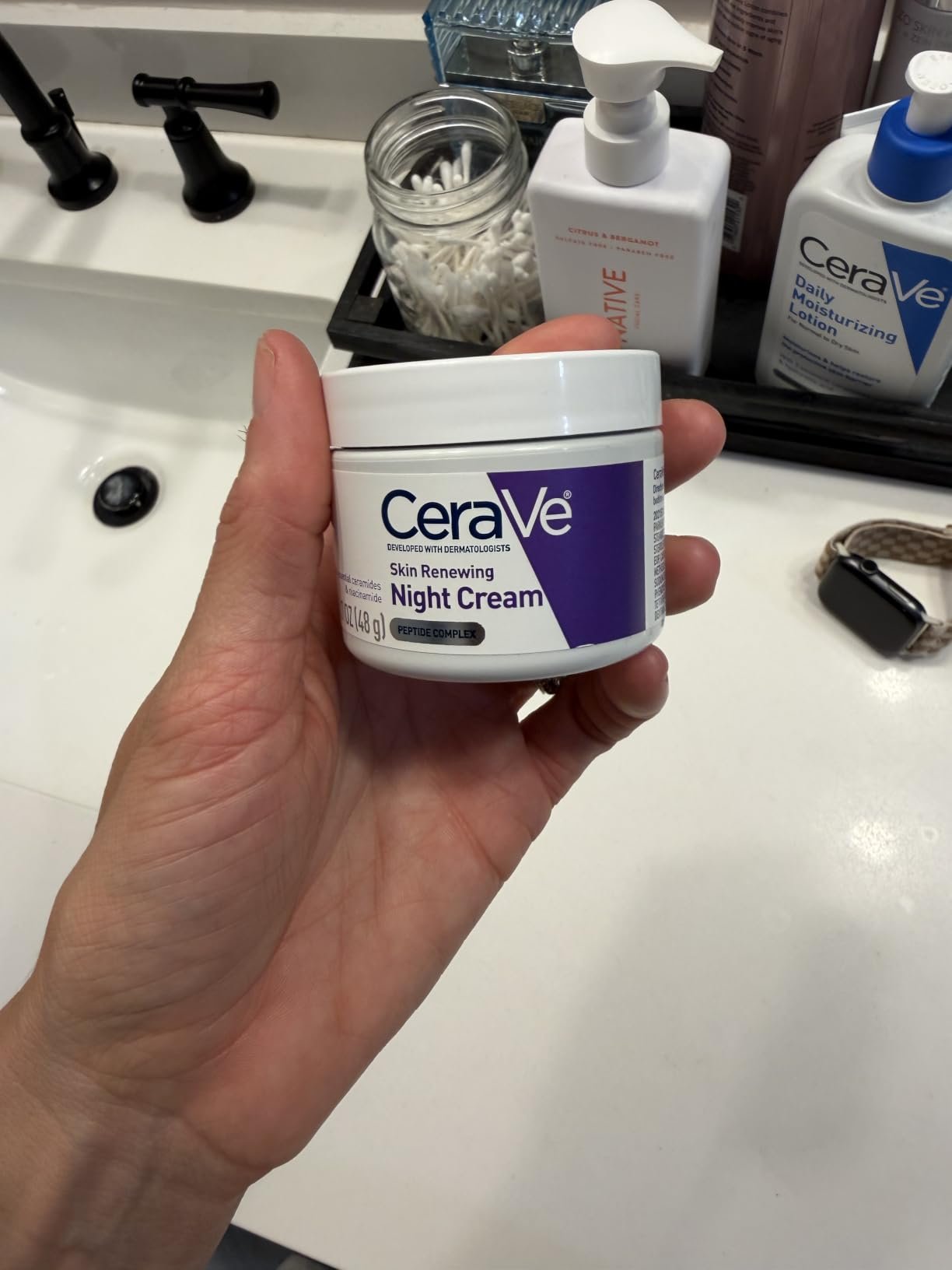 Jar of CeraVe Skin Renewing Night Cream with peptide complex