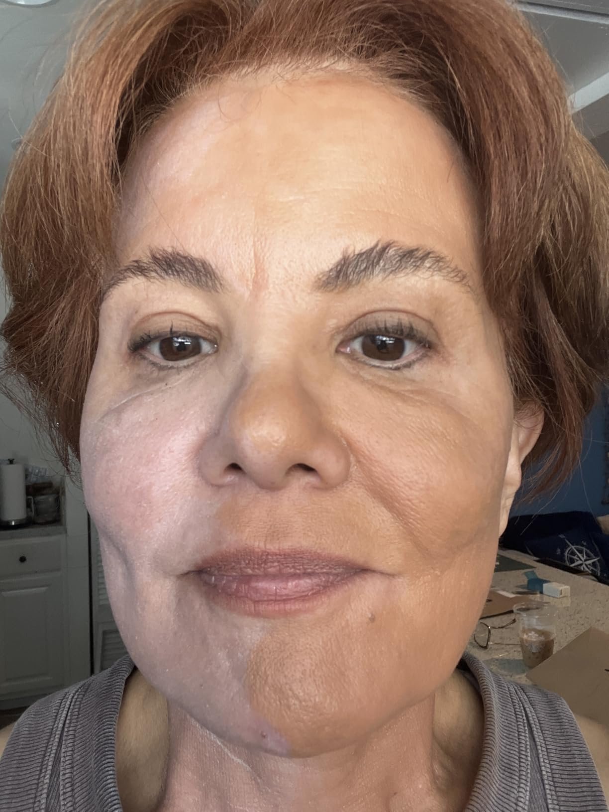 Supplied split-face image showing the finish of Colorescience Face Shield Flex