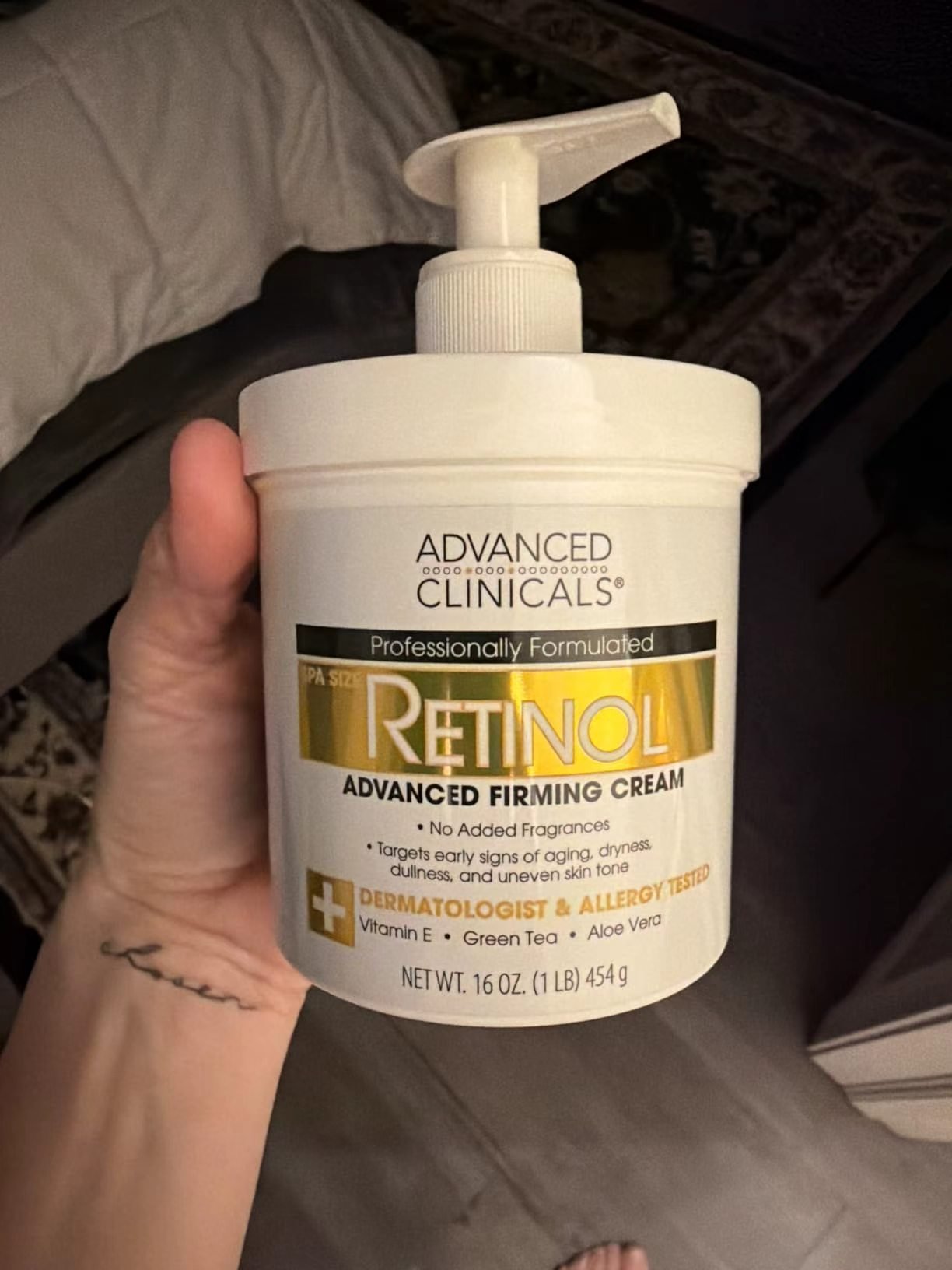 Advanced Clinicals Retinol Advanced Firming Cream pump tub held in hand