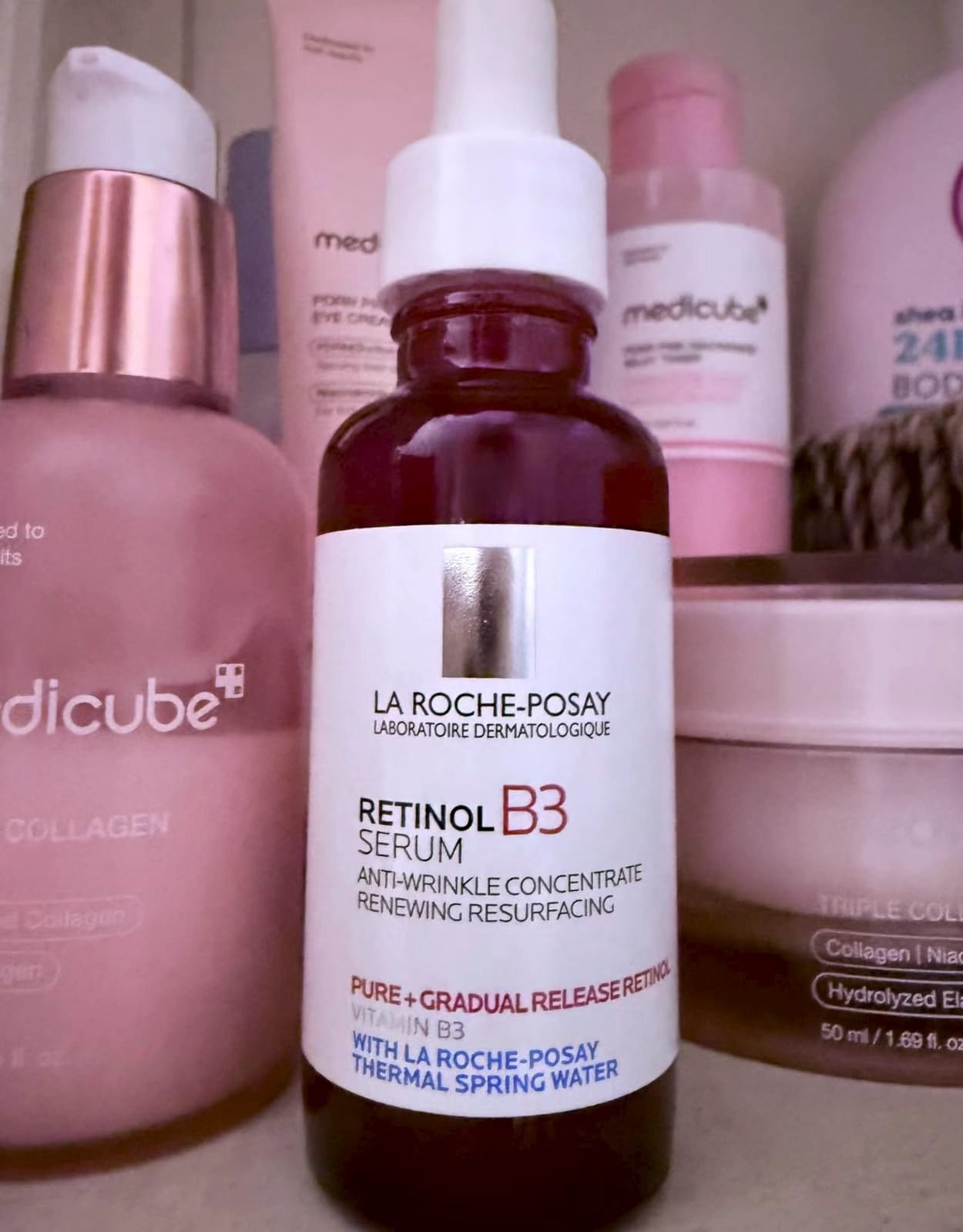 Close-up of a La Roche-Posay Retinol B3 serum bottle in a skincare routine