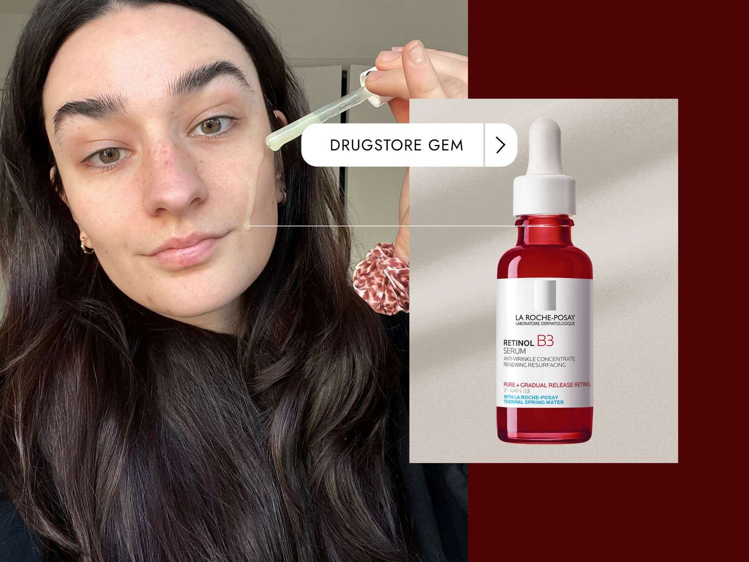 La Roche-Posay Retinol B3 serum shown beside a person applying the dropper