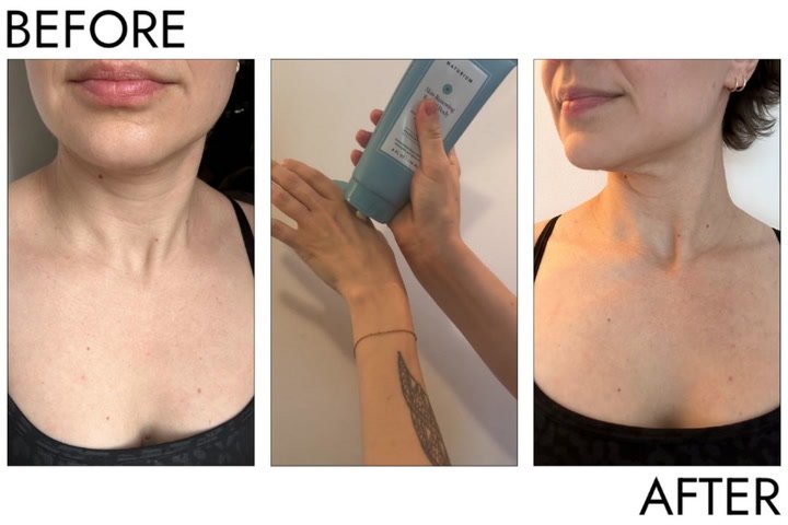 User-submitted before, application, and after collage for Naturium retinol body lotion