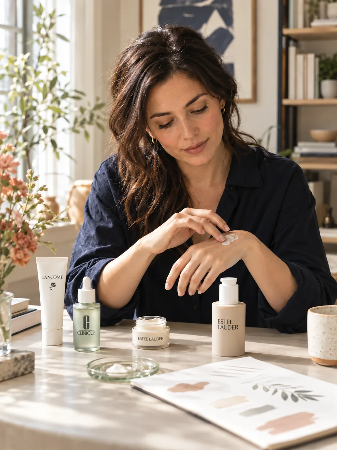 Beauty editor comparing skincare textures alongside Lancôme, Clinique and Estée Lauder products